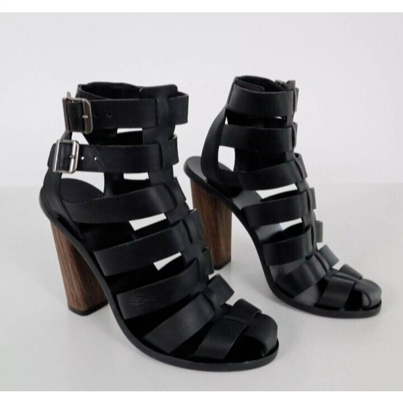 Vince Sandals Caged Strappy Nicolette Womens 8M 38 Black Leather Block High Heel - Picture 8 of 16